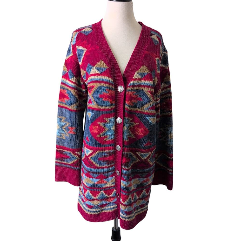 Coldwater Creek Cotton Tribal Blanket Southwestern Cardigan Sweater Womens Small